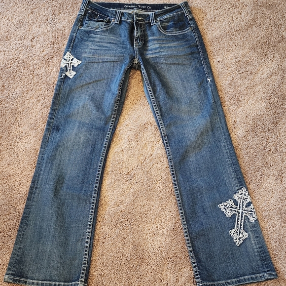 Cowgirl Tuff Blue Flare Jeans with Cross Detail - Picture 1 of 9
